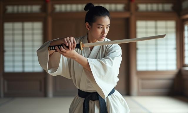 木刀で稽古する人物