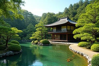 日本の美しい庭園と伝統的な家屋の風景