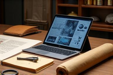 古文書と現代のタブレットが並べられ、過去と現在を繋ぐ